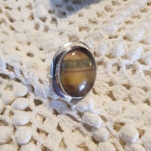 Sterling Silver 925 Oval Cabochon Banded‎ Gemstone Ring Size 9 Striped Statement